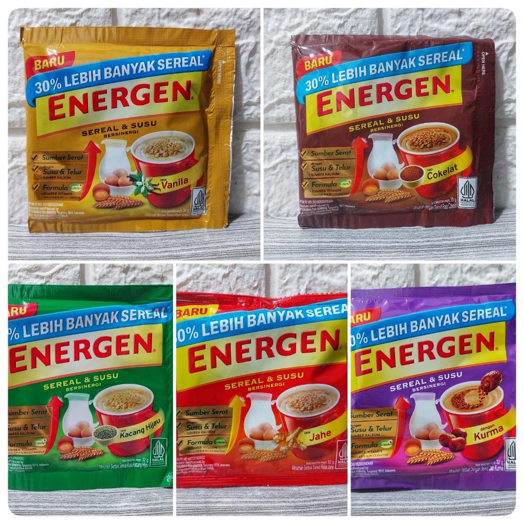 

Energen Sereal & Susu Vanilla, Cokelat, Jahe, Kacang Hijau, Kurma Sachet