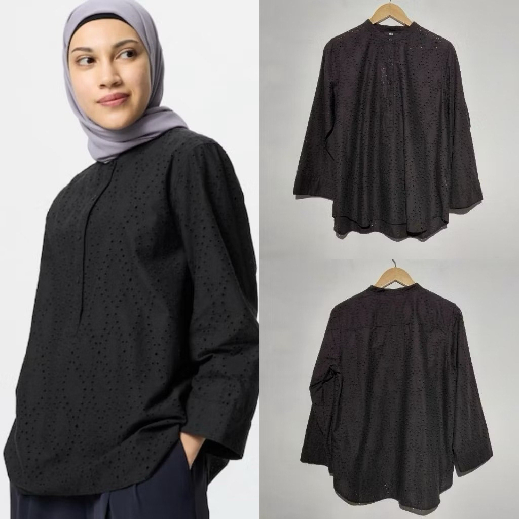 Uniqlo Blus Bordir Hitam Blouse Baru Asli Original