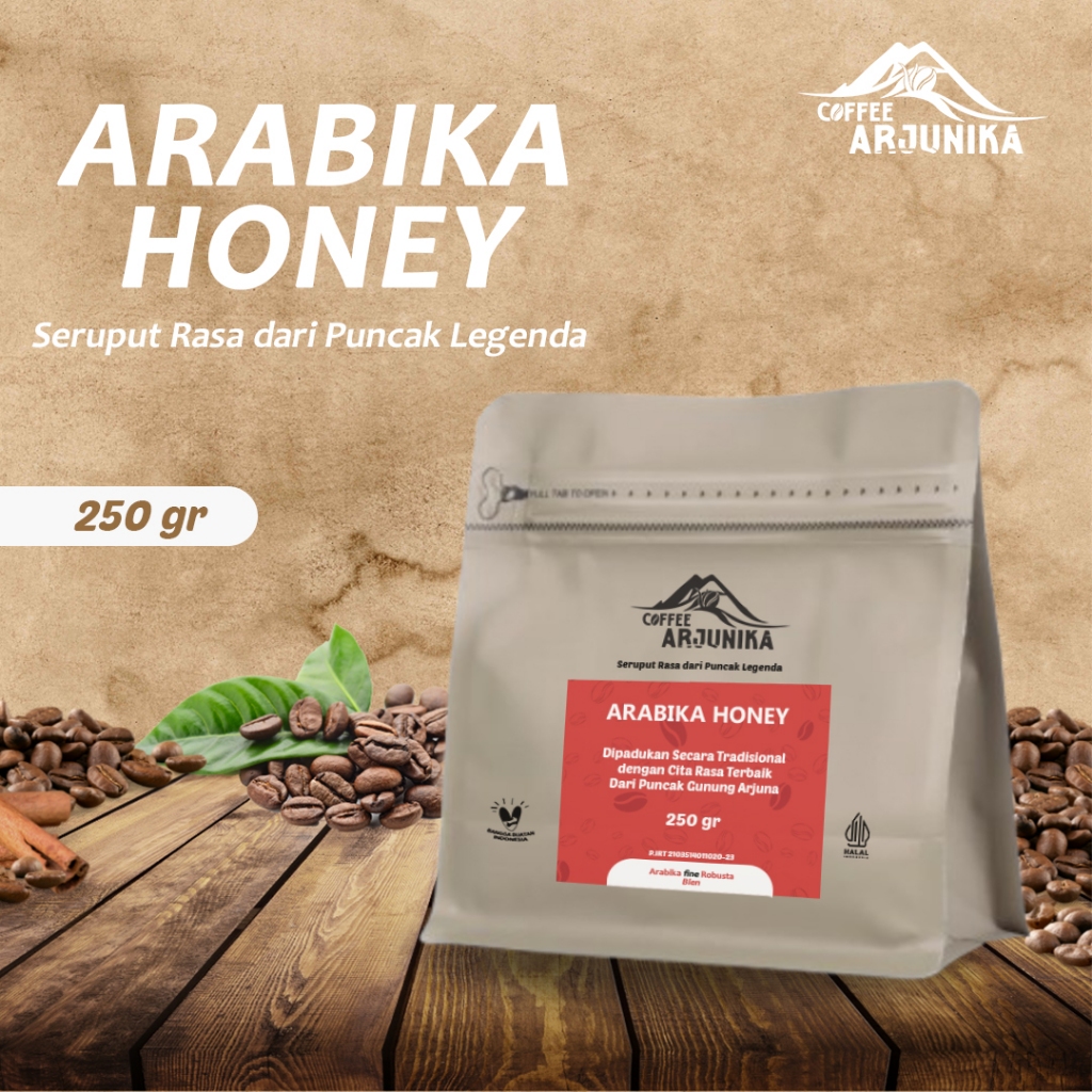 

Kopi Arabika Honey Arjunika 250gr – Biji / Bubuk Kopi Premium – Rasa Manis & Fruity