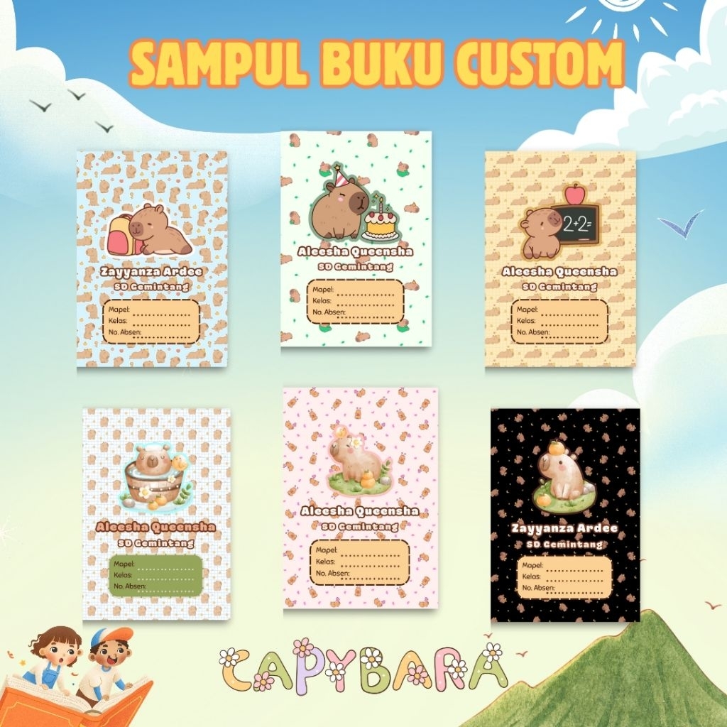 

(Isi 10 Lembar | Tanpa PO) Sampul Buku Custom Nama Capybara Lucu – Sampul Buku Sekolah Anak SD TK PAUD