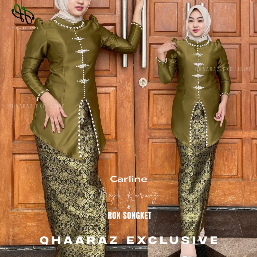 Carline Setelan Baju Kurung Rok Songket Wanita Melayu Modern Slimfit One Set Pakaian Kondangan Bride