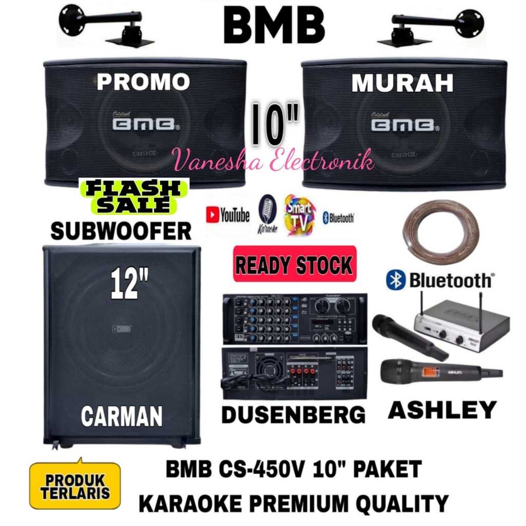 Paket Karaoke Speaker Pasif 10 Inch BMB CS450V+Subwoofer Crimson 12 Inch+Amplifier Dusenberg+1 Set M