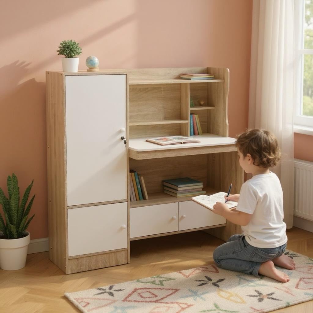 Meja Belajar | Meja Tulis 815 Anak Polos/Karakter Dengan Lemari Rak Samping