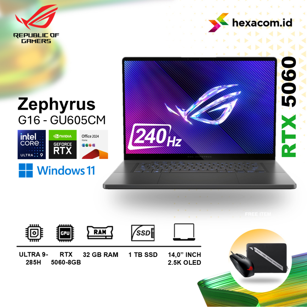 Asus ROG Zephyrus G16 GU605CM Ultra 9-285H RTX5060 32GB 1TB SSD 16 inch WQXGA OLED 240HZ
