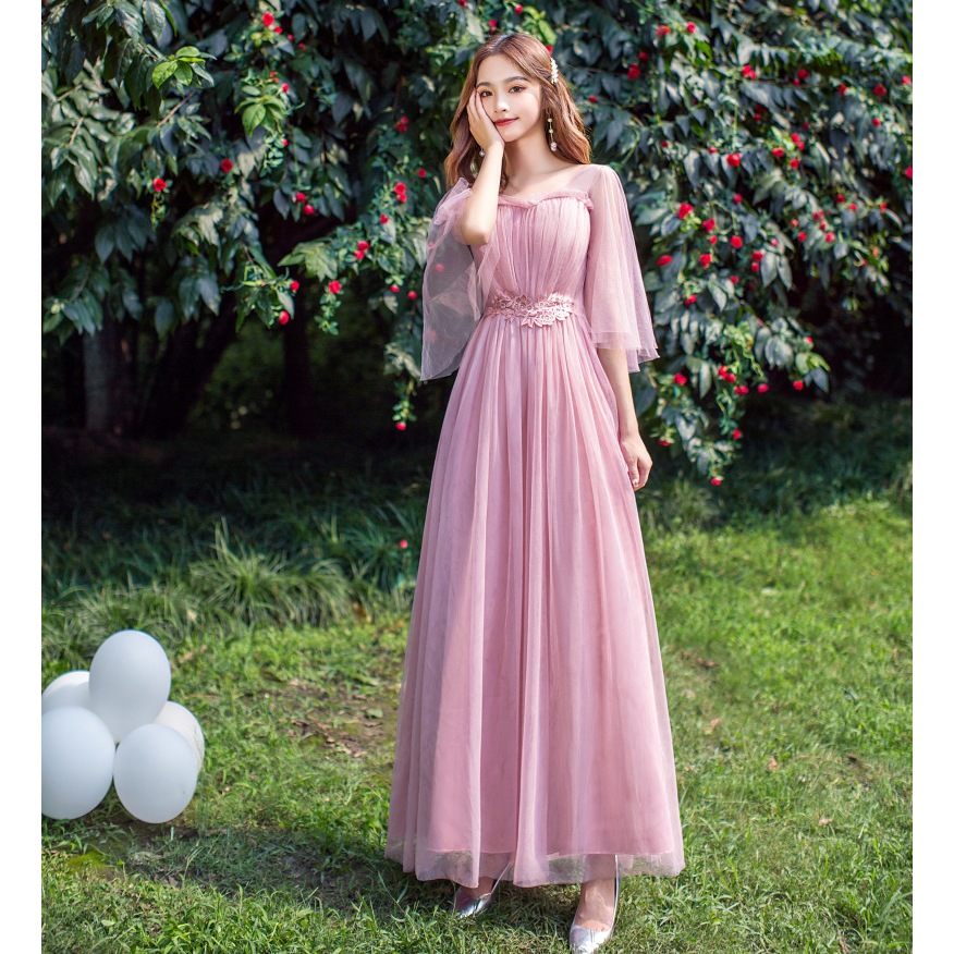 Gaun Pesta Dewasa Pink Tulle - Maxi Dress Mewah Korean Style Wedding Party Long Dress