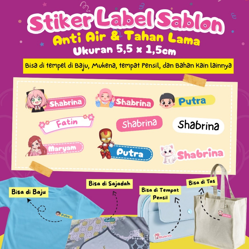 

Stiker Sablon Print DTF Nama Custom Waterproof Label Nama Stiker Sablon Baju Karakter Lucu Bebas Costum Desain Sendiri Tanpa Minimal Order