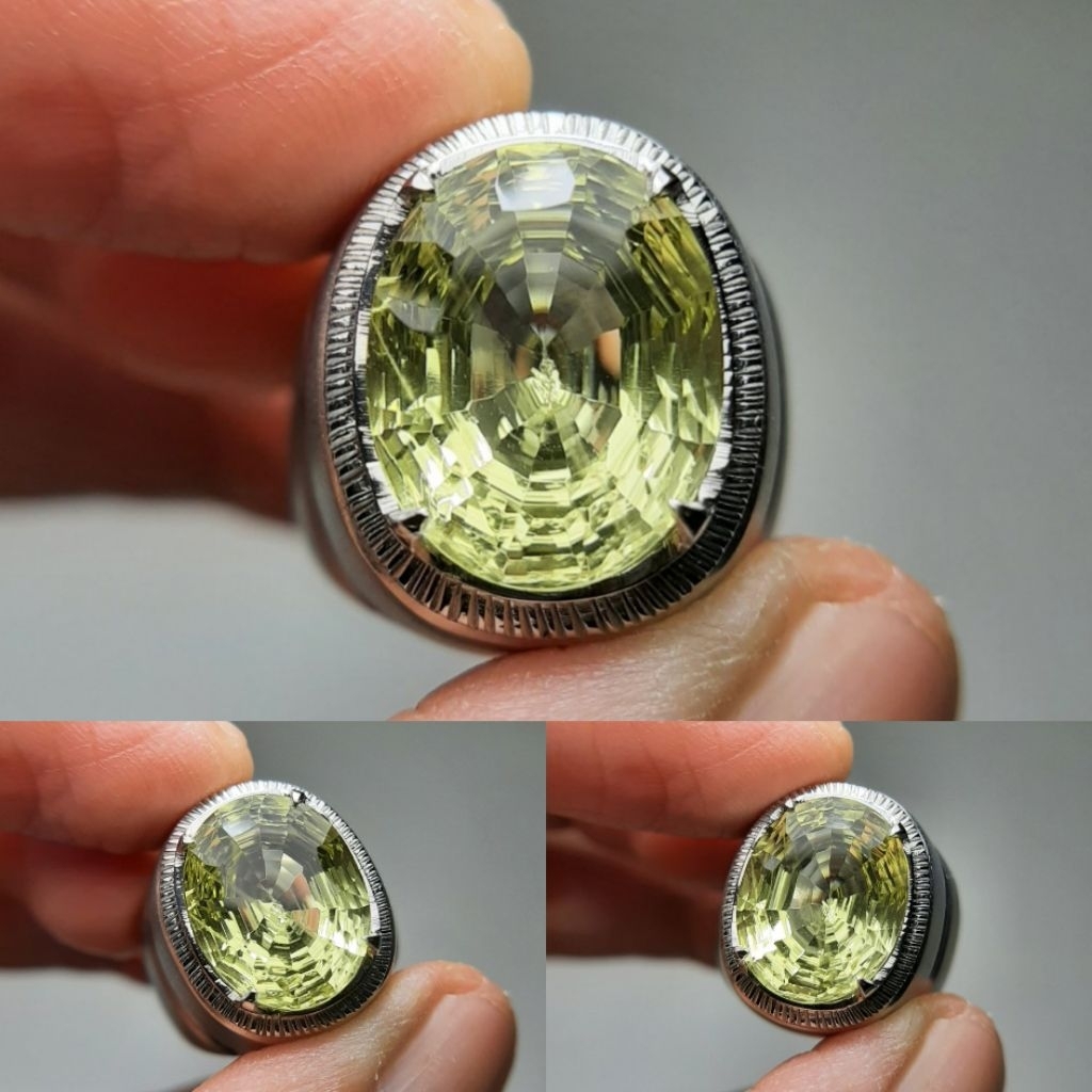 Natural Lemon/Citrine Quartz Kuning Batu Kecubung Kuning Custom Cutting Ring Emban Monel Handmade