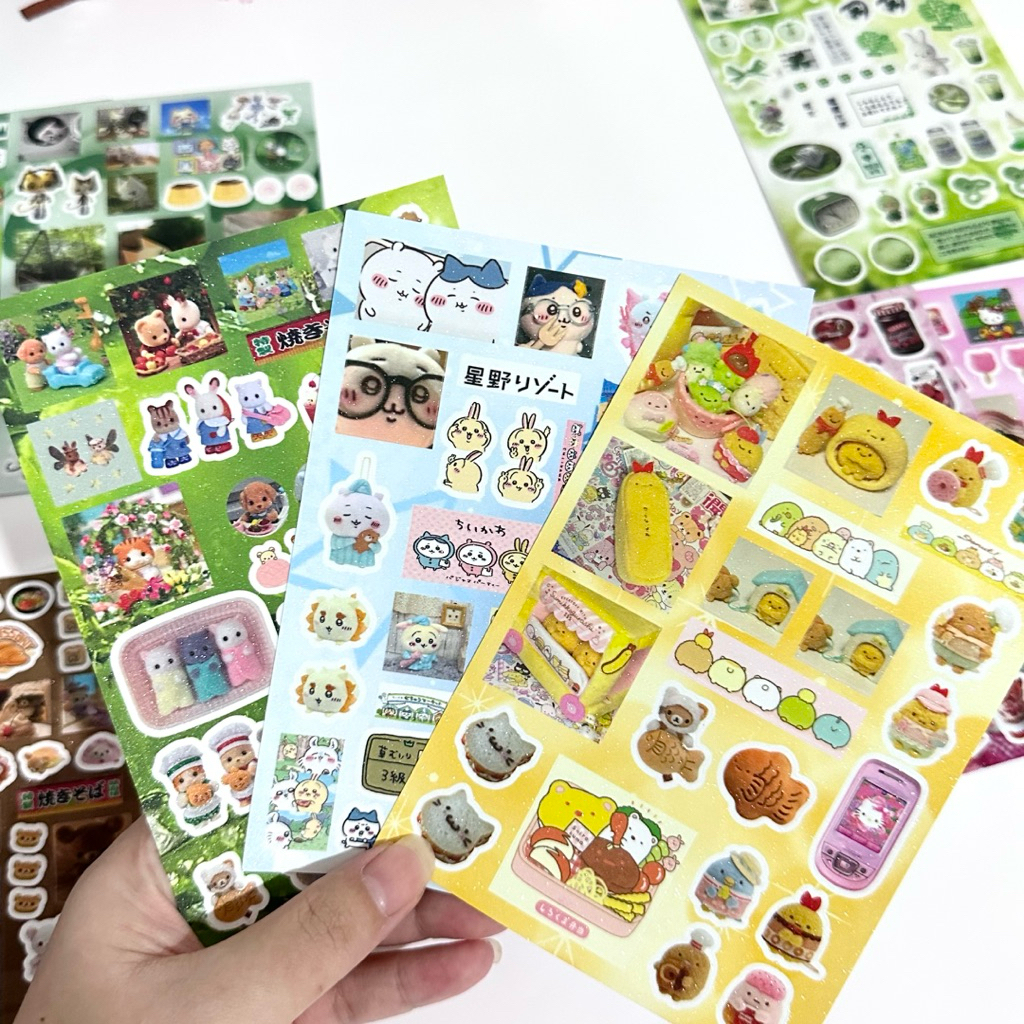 

sticker set isi 9 lbr sylvanian rilakkuma chiikawa sumikko gurashi hello kitty glitter stiker lucu readystock B3536
