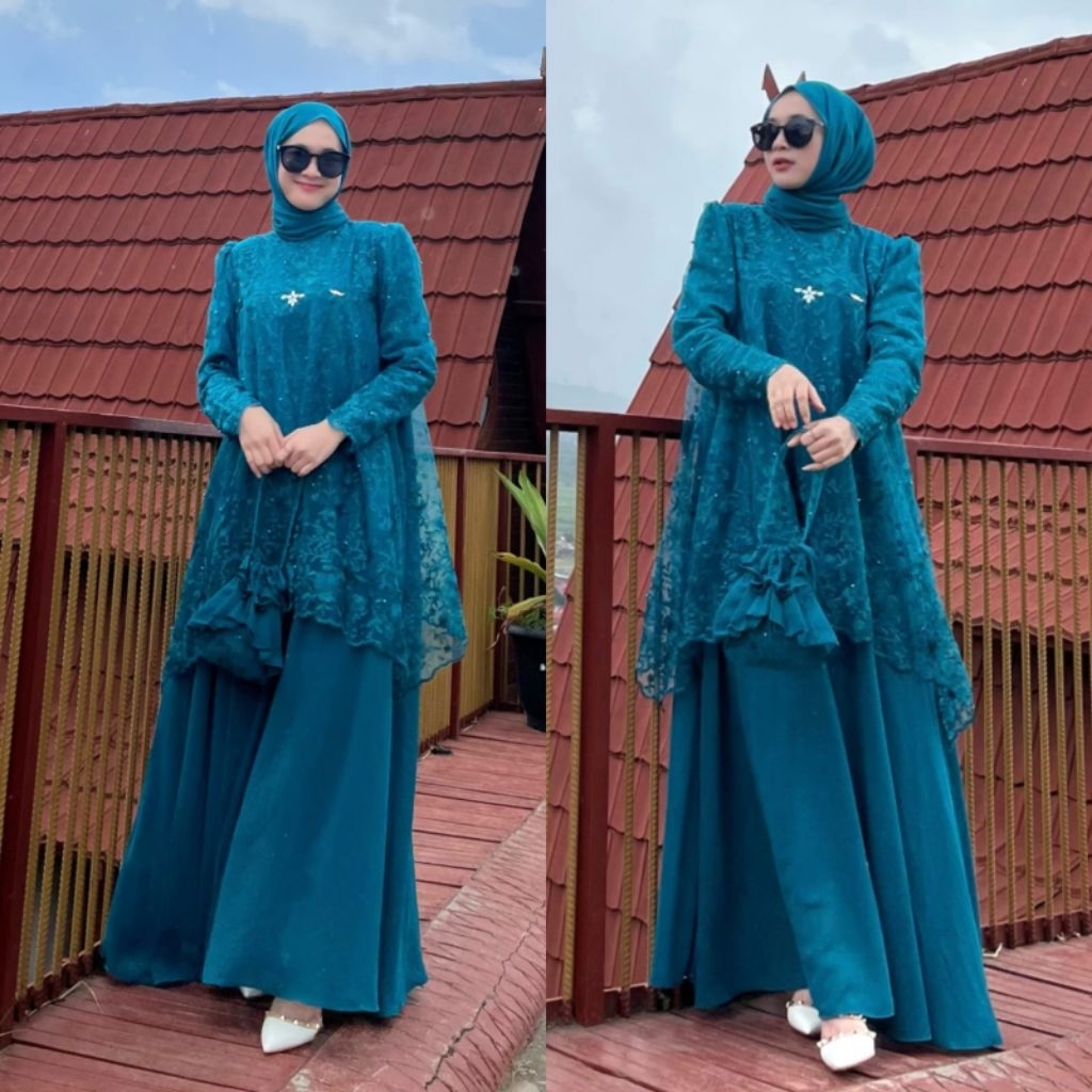 gamis set hijab almeraa emerald blue/gamis brukat/gamis pesta simpel