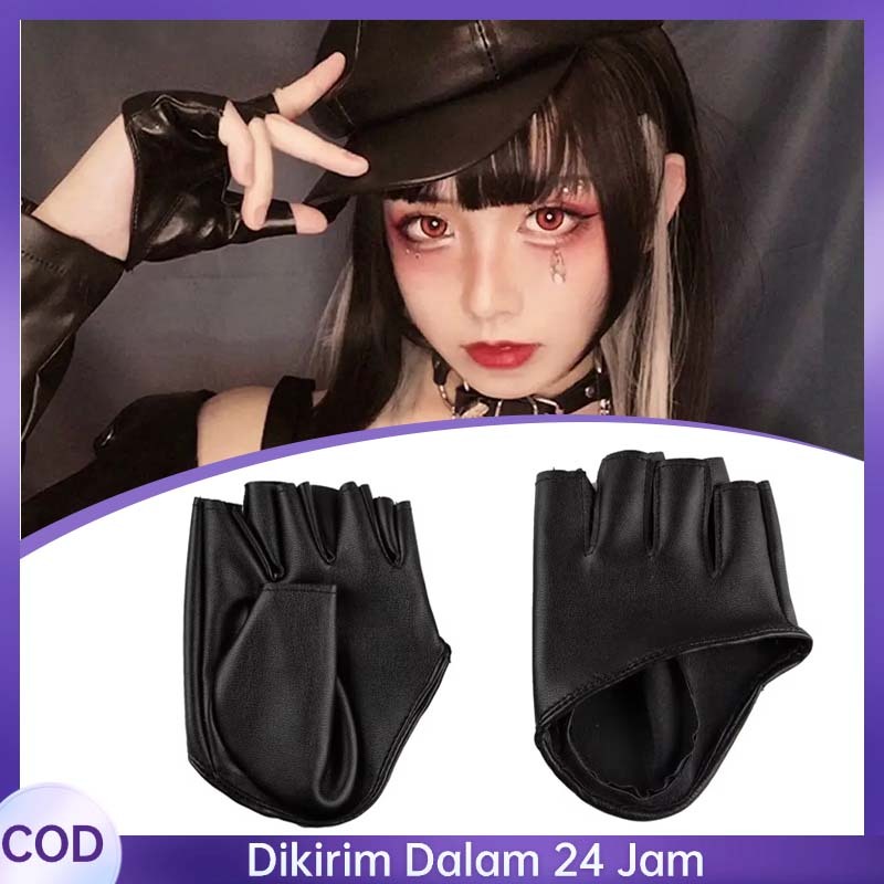 Sarung Tangan Latex Setengah Jari Half Finger Gloves Fashion Sarung Tangan Kulit  Hitam Kilap Hip Ho
