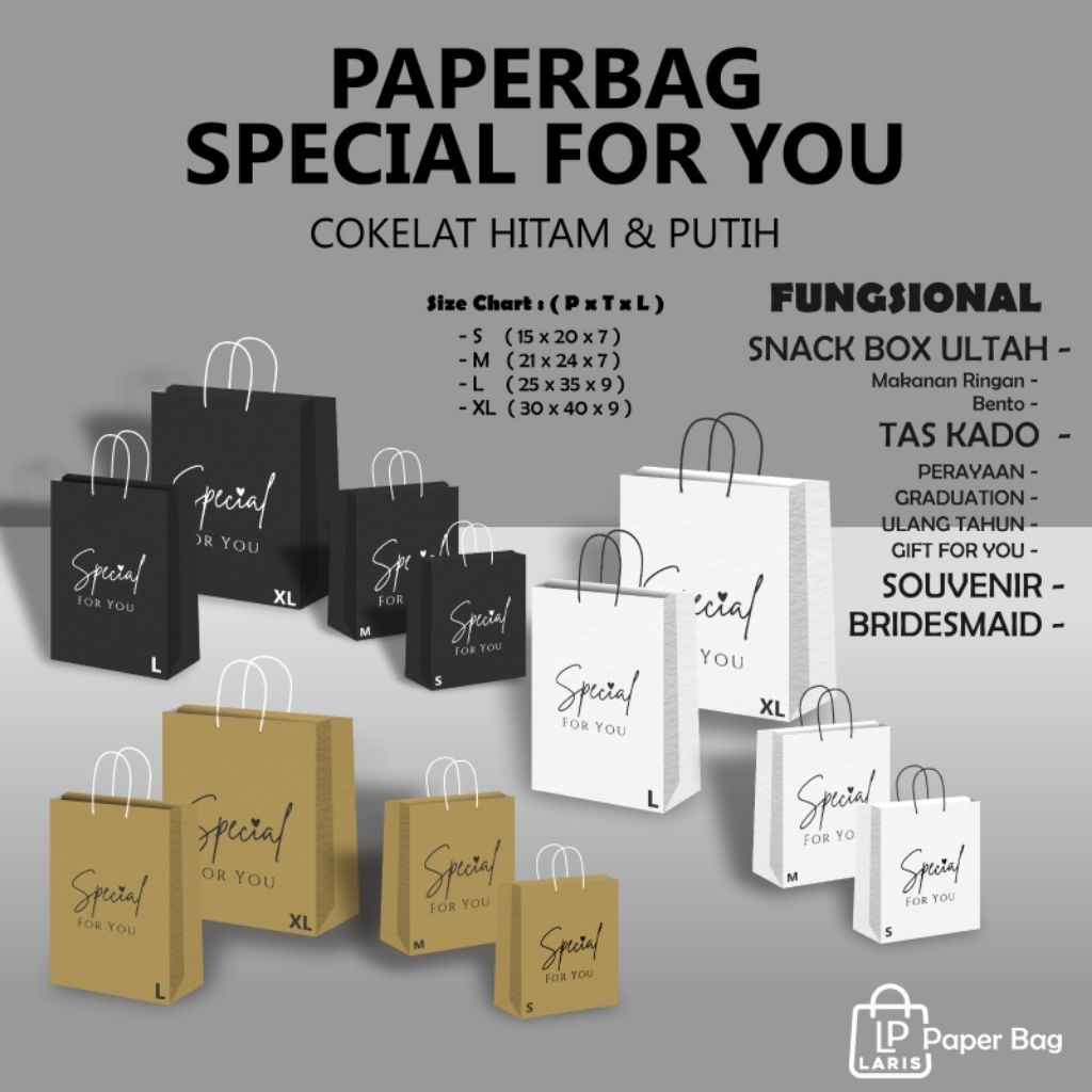 

Grosir/satuan Paper Bag Kado Special For You Cokelat/Hitam/Putih S-M-L-XL-2L