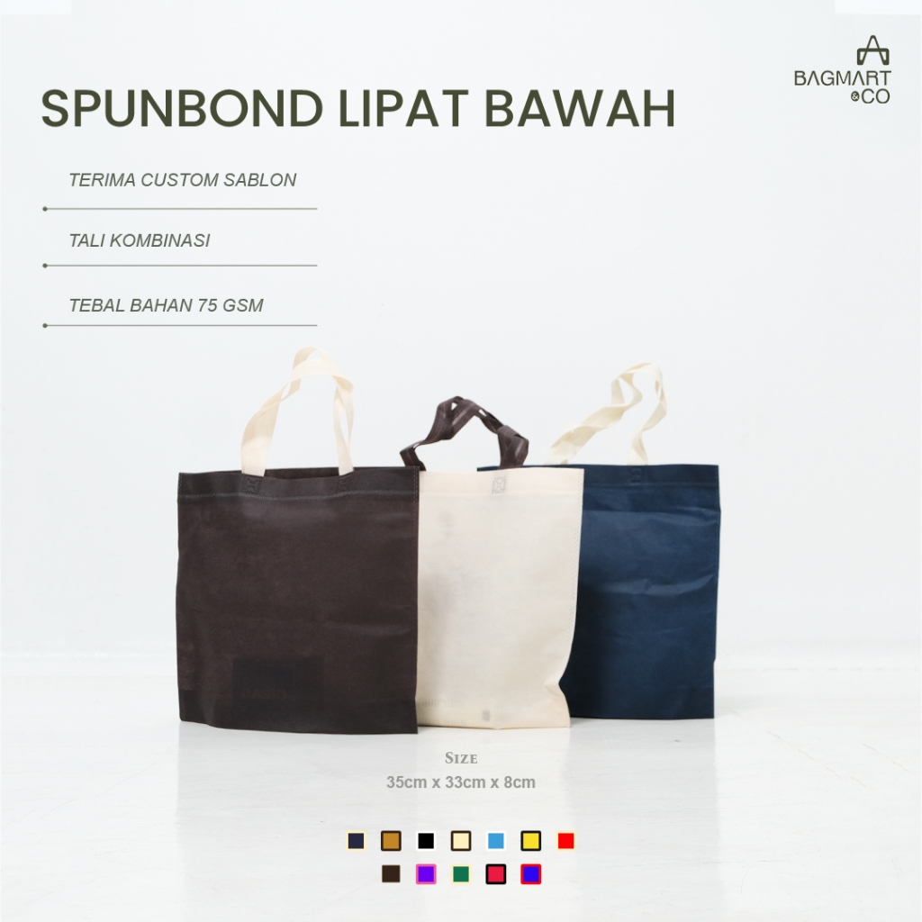 

Tas Spunbond 35x33x8 75Gsm Tebal Goodie Tote Bag Model Tali Lipat Bawah Kantong Kain Belanja Baju