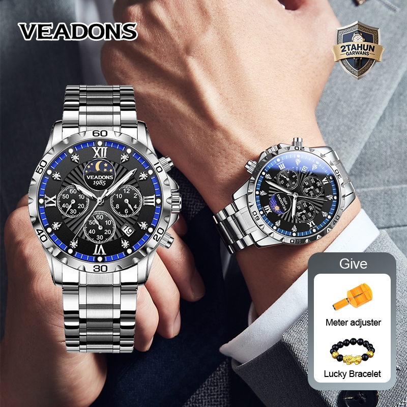 （COD）Veadons jam tangan pria safir modern mewah klasik keren keren 100% asli kalender tahan air