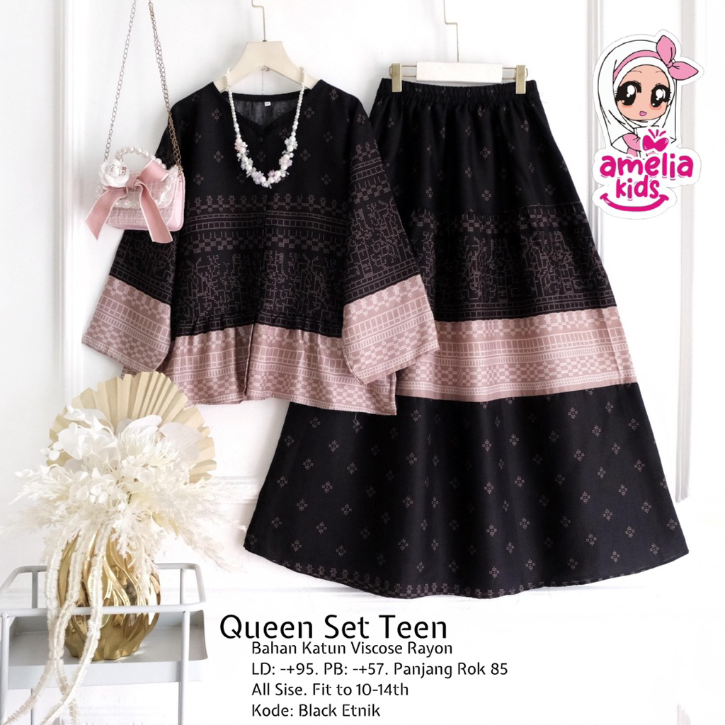 Queen Set Teen Kids By Amelia Setelan Anak Perempuan Atasan dan Rok Rayon Viscose Motif Etnik Setela