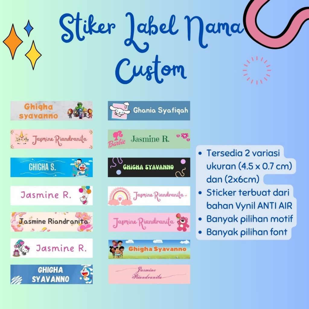 

Stiker Label Nama Anak Custom Pulpen Pensil Alat Tulis Ukuran 4.5 x 0.7 cm ANTI AIR isi 100pcs