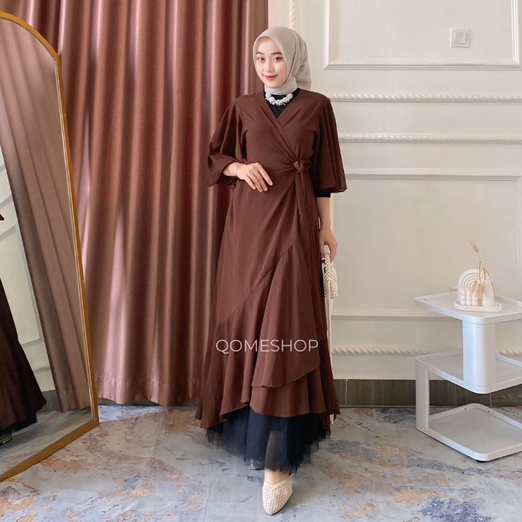 QOME-Outer Amora bahan ceruti lengan Terompet baju Pantai Muslim Outer Wanita Panjang Liburan Casual