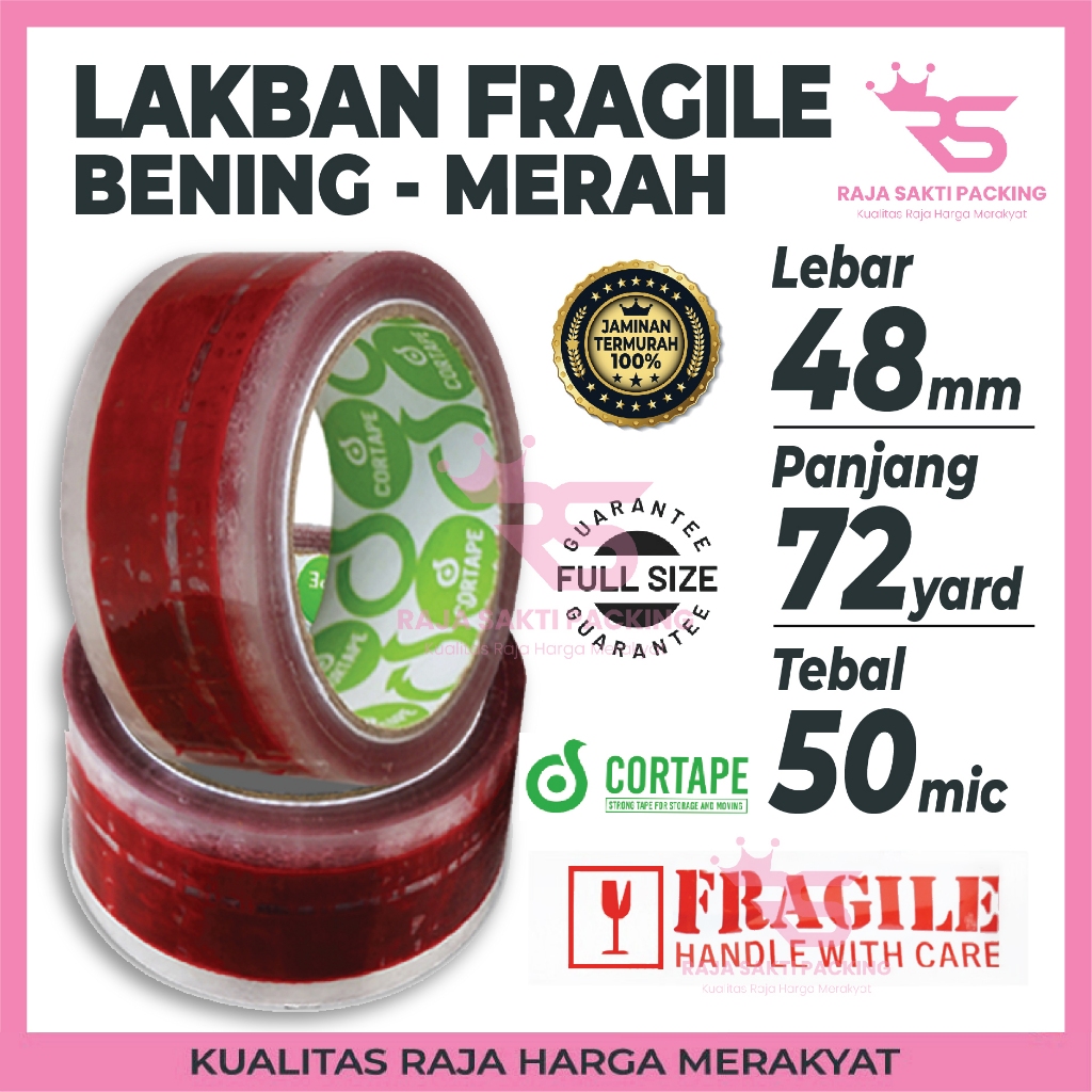 

Lakban Selotip OPP Tape Printing Fragile Clear Bening Merah 2inch 48mm x 72yard Harga Termurah Satuan