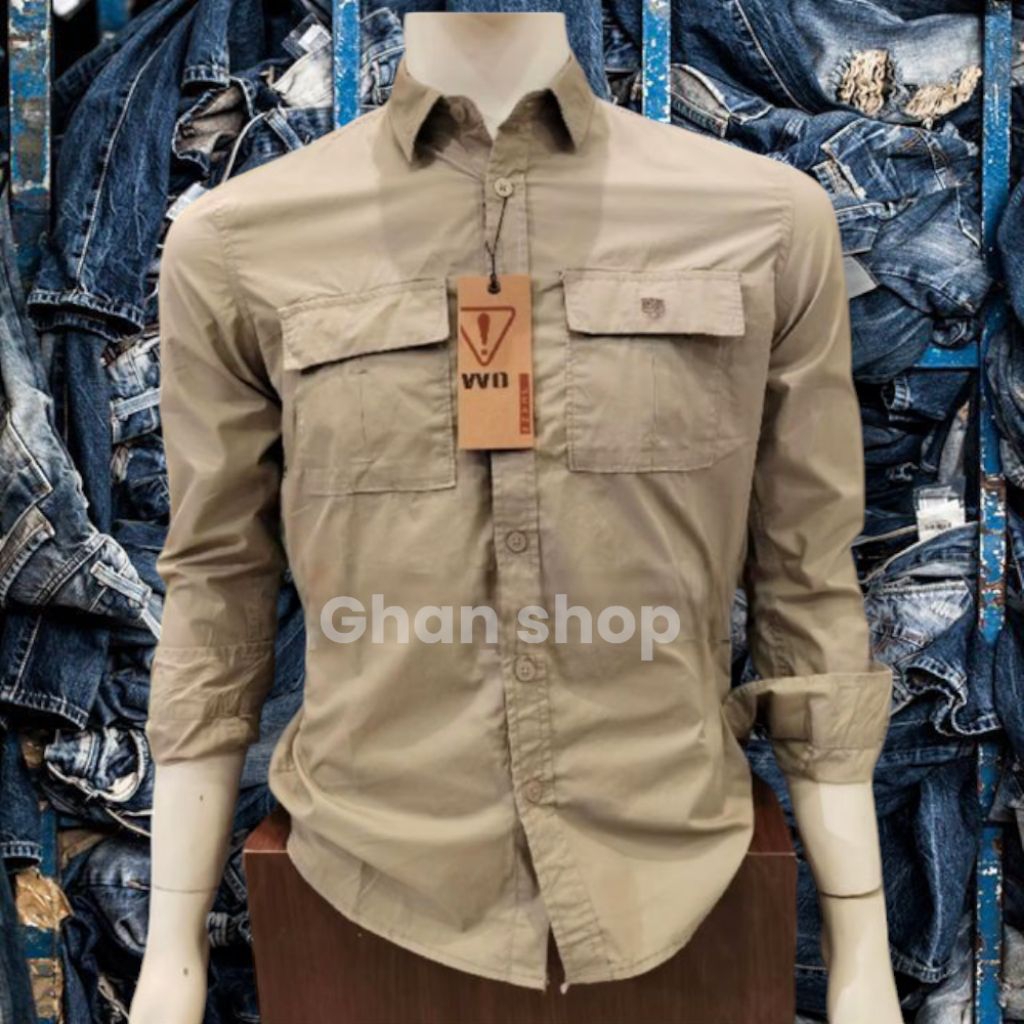 KEMEJA PRIA WATCHOUT WARNA ABU DAN PUTIH LENGAN PANJANG KUALITAS PREMIUM QUALITY