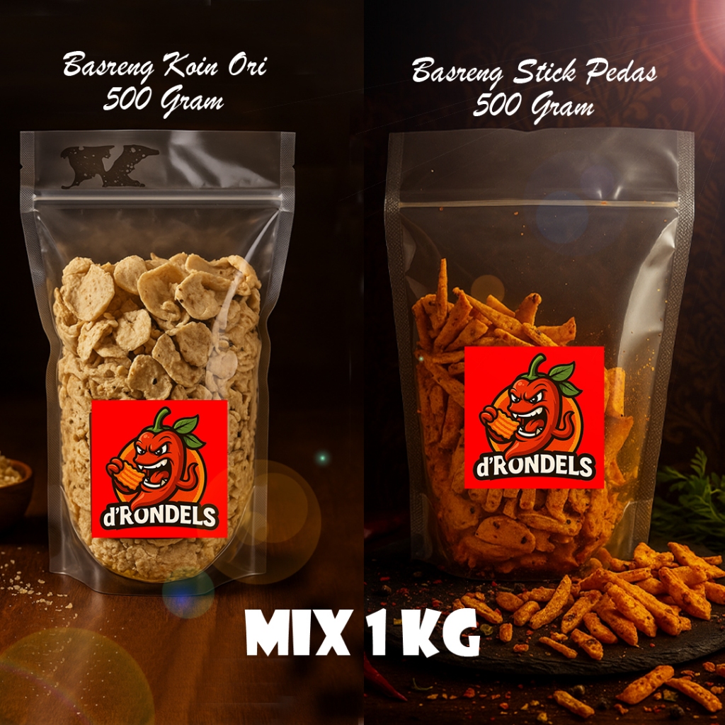 

BUNDLING 1kg - Basreng Stick Pedas Daun Jeruk 500 Gram + Basreng Koin Original Daun Jeruk 500 Gram