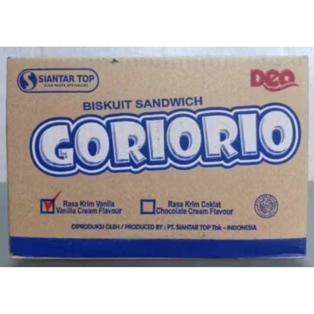 

[1 karton isi 200 sachet] GORIORIO Biskuit Sandwich Dengan Krim Vanila & Cokelat