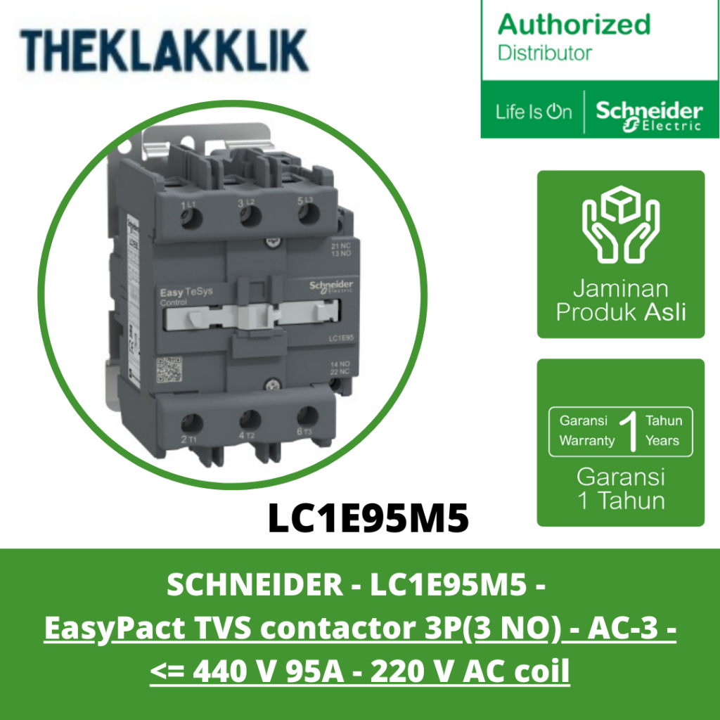 SCHNEIDER - LC1E95M5 - Easy TeSys contactor 3P(3 NO) - AC-3 - <= 440 V 95A - 220 V AC coil
