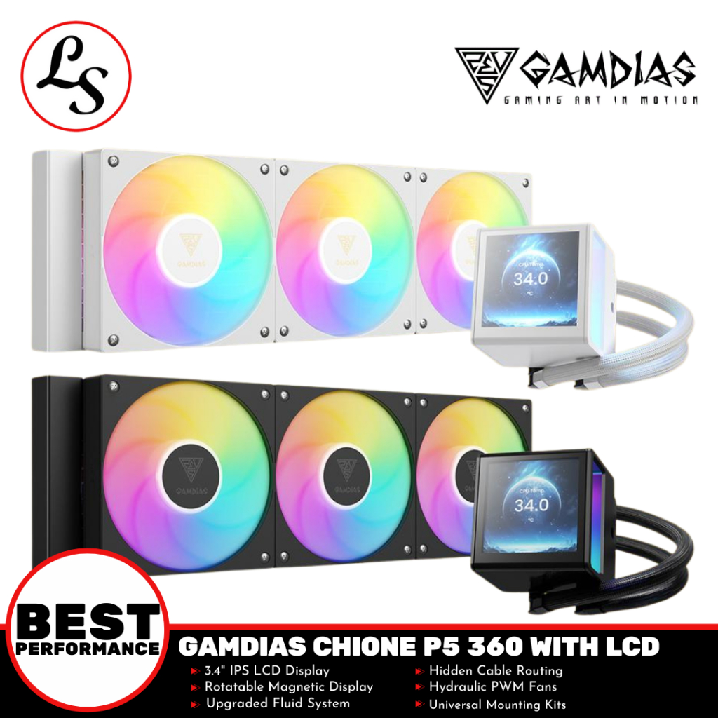 GAMDIAS CPU COOLER Chione P5 360 ARGB AIO Liquid CPU Cooler with LCD Display