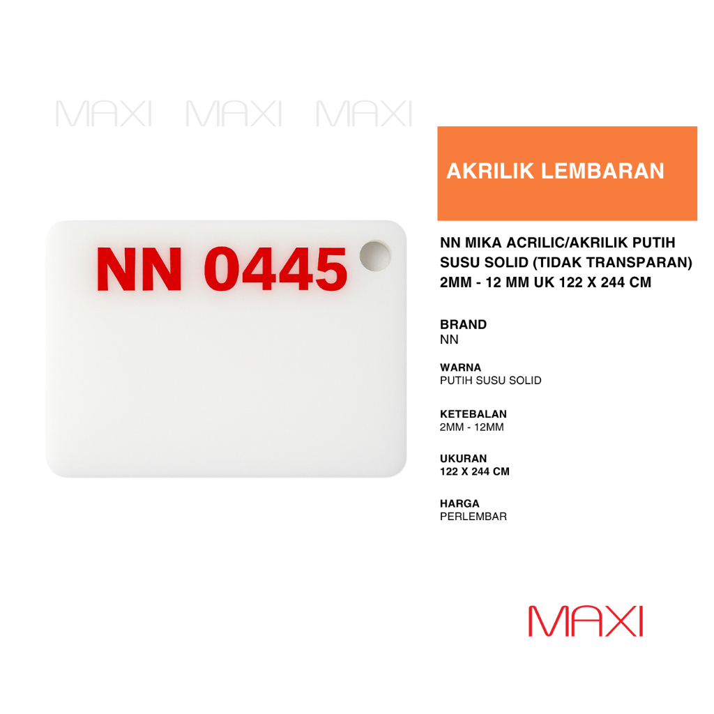 

NN Akrilik Acrylic Mika Casting Warna Bening/Putih/Hitam Lembaran- Tebal 2mm-12mm
