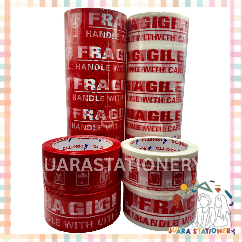 

Lakban Fragile Rockett 100 yards Merah Putih TERMURAH / Lakban Packing Fragile