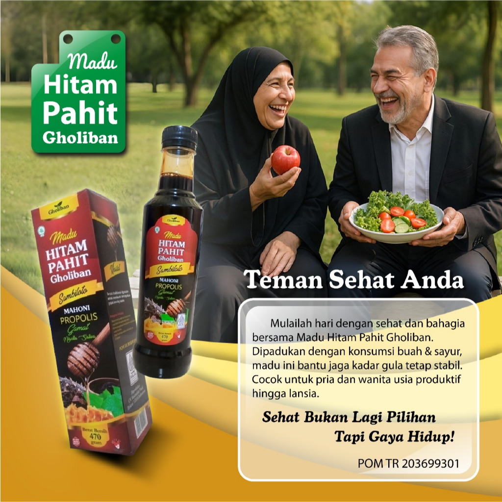

MADU HITAM PAHIT GHOLIBAN EXTRA PROPOLIS, GAMAT EMAS DAN SAMBILOTO ISI +- 470Gr