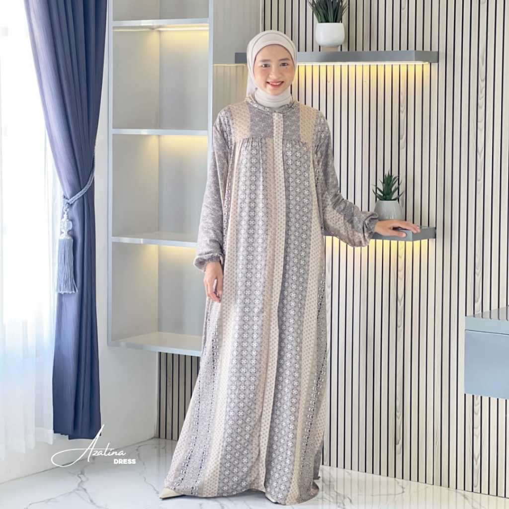 Azalina Dres Gamis Motif Bunga Abstrak Salur Daily Dres Gamis Wanita Muslim Rayon Viscose Premium