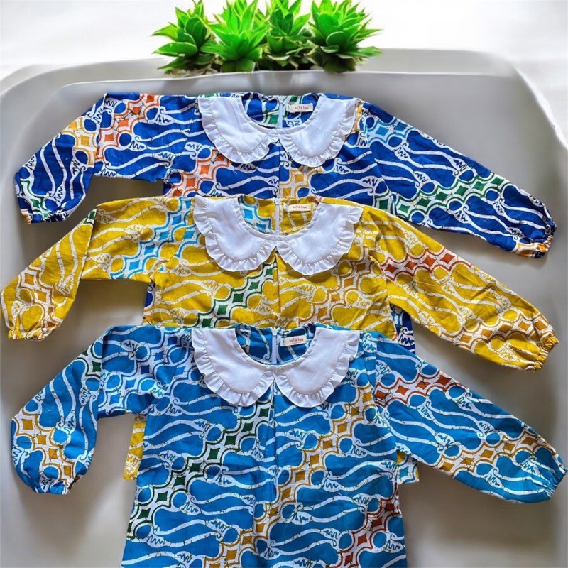 A2-  Atasan Batik Anak Kerah Baju Batik Anak Blouse Batik Anak Biru Kuning Toska