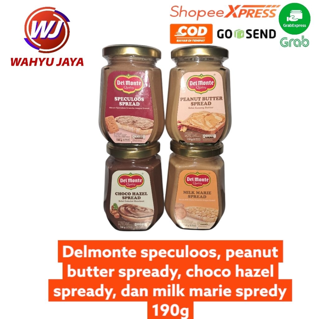 

Del monte spread speculoos, peanut butter spready, choco hazel spready, dan milk marie spredy 190gr