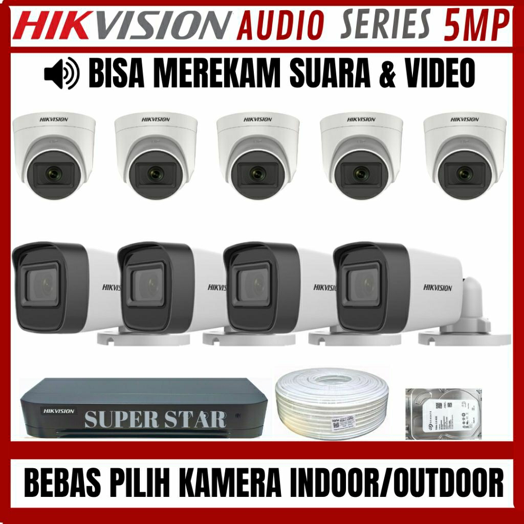 PAKET CCTV HIKVISION 5MP 16 CHANNEL 9 KAMERA AUDIO SERIES BISA MEREKAM SUARA +VIDEO