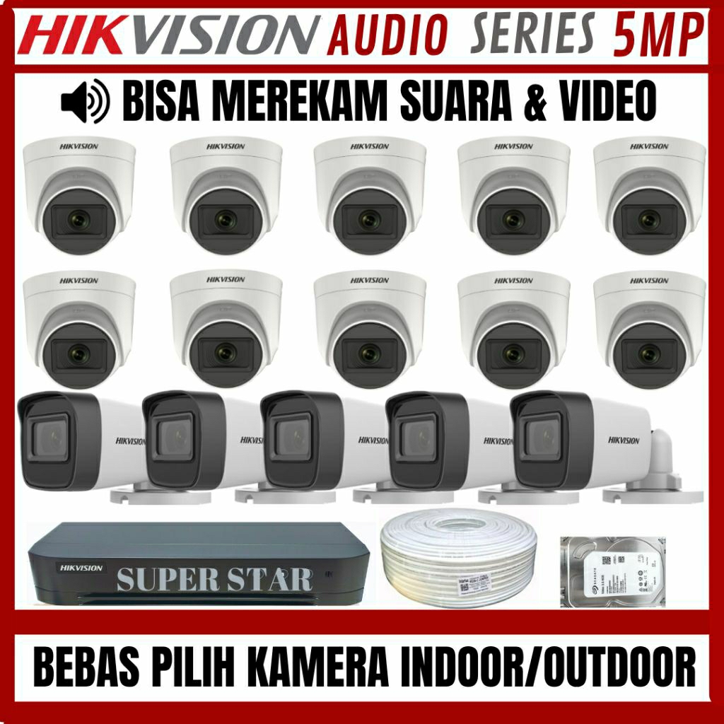 PAKET CCTV HIKVISION 16 CHANNEL 15 KAMERA 5MP AUDIO SERIES BISA MEREKAM SUARA+VIDEO