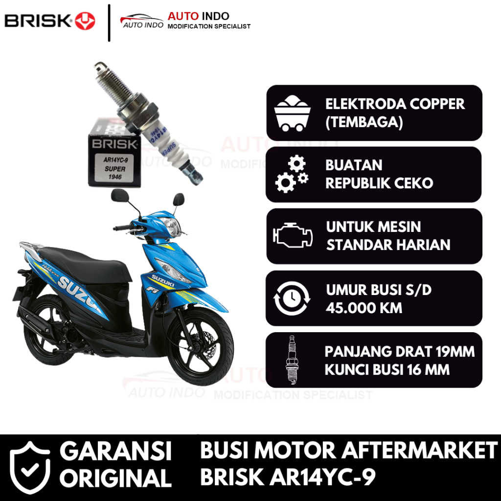 Busi Motor Brisk Copper Racing AR14Y-9 untuk Suzuki Address | Garansi Ori | Kunci Busi 16 mm