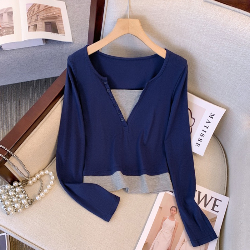 Kaos Lengan Panjang Kerah V Bergaris Premium / Crop Top Korean Style