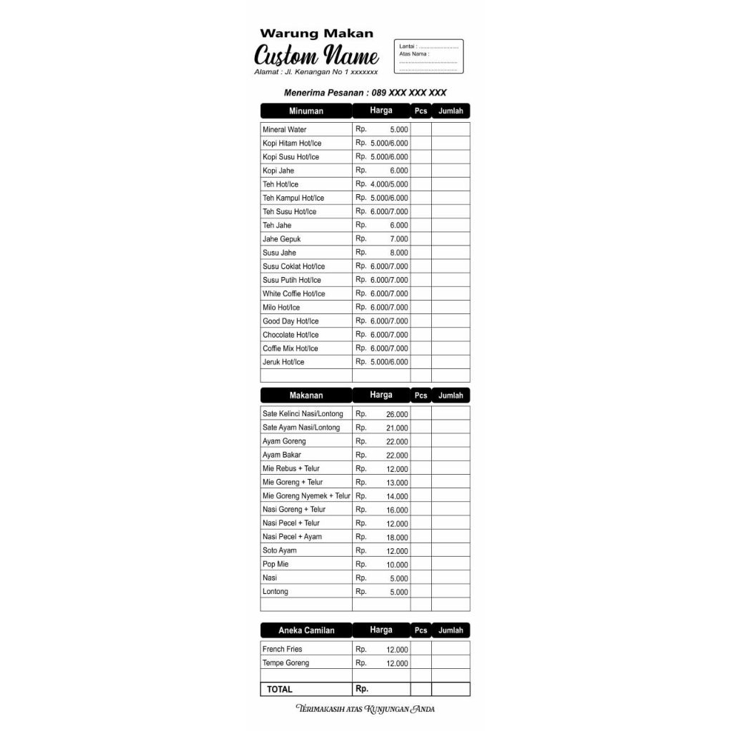 

Nota Order Menu Warung Makan Wisata Nota Warteg Warung makan Padang Resto Kedai Cafe (1 Ply)