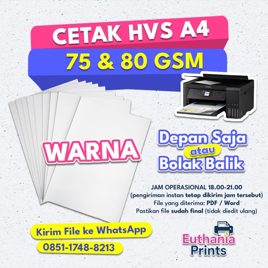 

Print Dokumen A4 Warna | Cetak Depan / Bolak Balik | Kertas 75 gsm dan 80 gsm | Euthania Prints