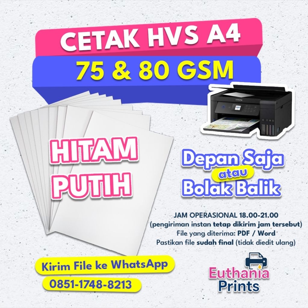 

Print Dokumen A4 Hitam Putih | Cetak Depan / Bolak Balik | Kertas 75 gsm dan 80 gsm | Euthania Prints