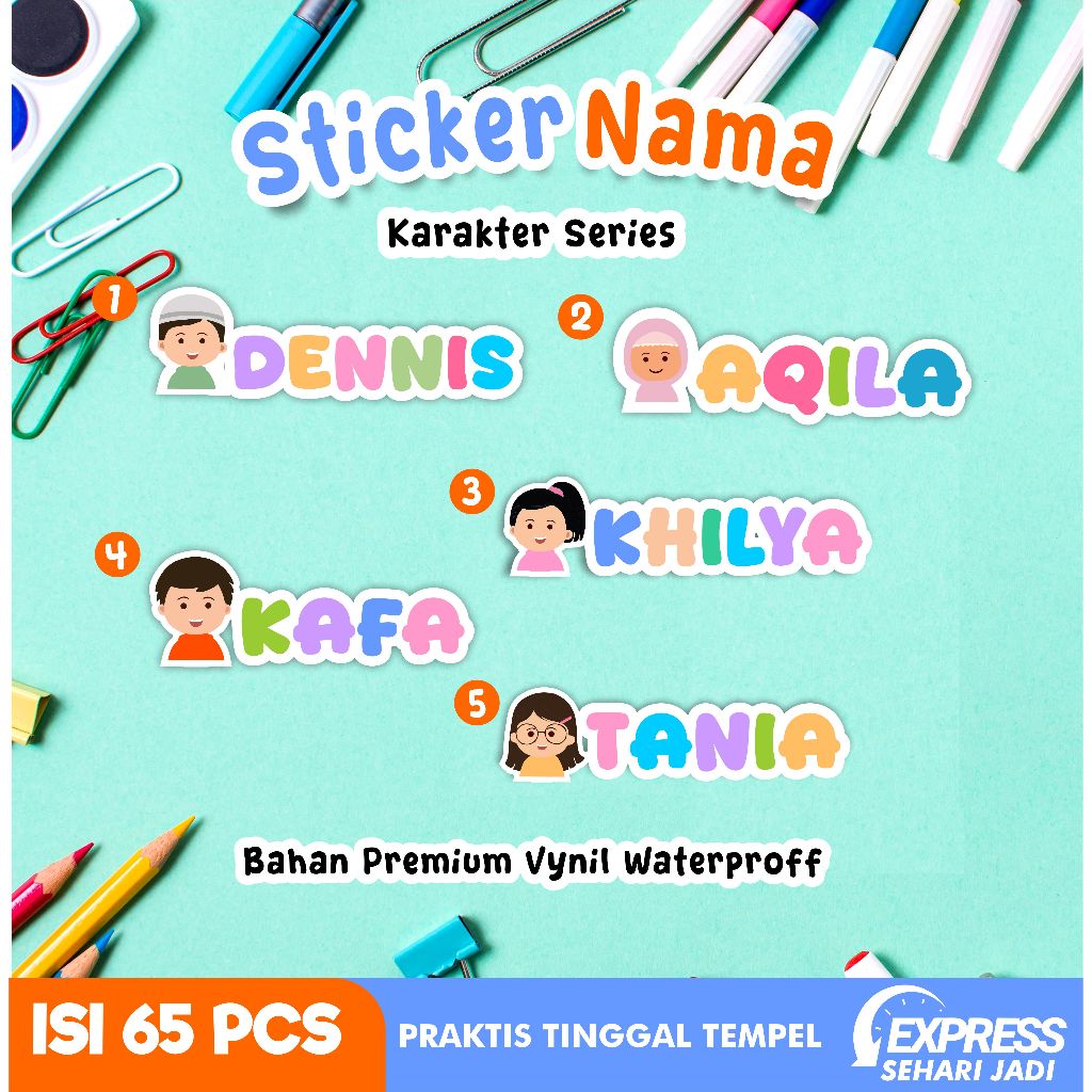 

(Isi 65pcs) Stiker Label Nama Anti Air Sticker Peralatan Tulis ATK Botol Pensil Buku Tema Karakter