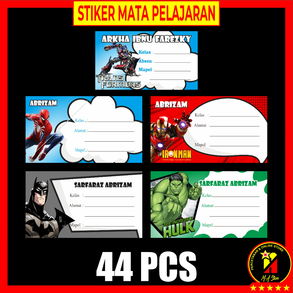 

44 PCS Stiker Mapel Mata Pelajaran Custom Karakter Superhero Avengers Bahan Stiker HVS