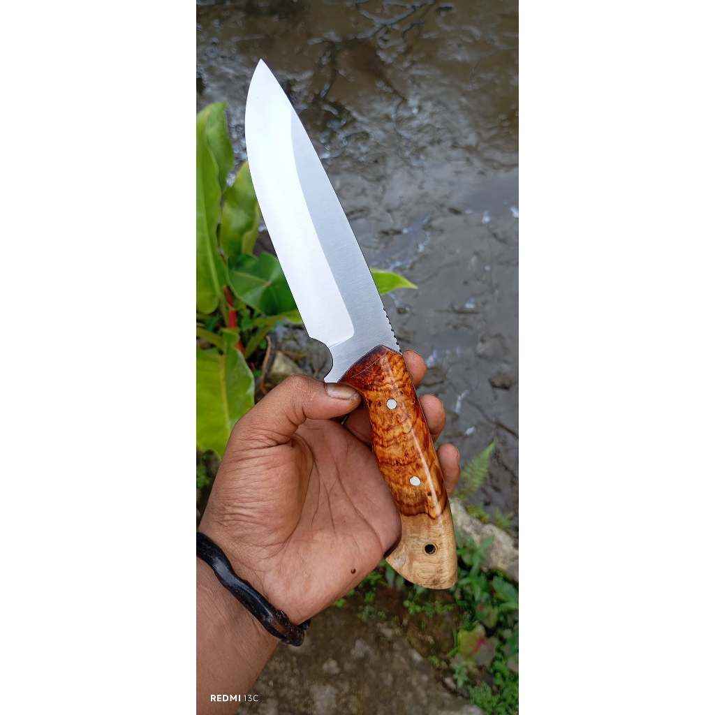 ID PISAU NECK KNIFE BUSHCRAFT 13 CM MATERIAL BAJA SUP9 FULLTANG BURL AMBOYNA