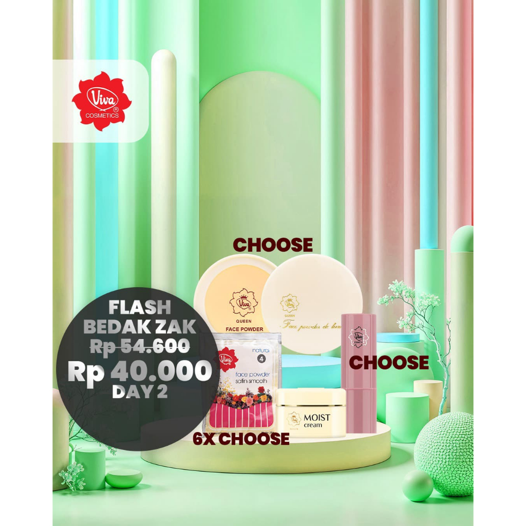 Paket 6 Viva Bedak Zak, 1 Viva Queen Bedak Doos Queen Cream, 1 Viva Queen Moist Cream, 1 Viva Lipsti