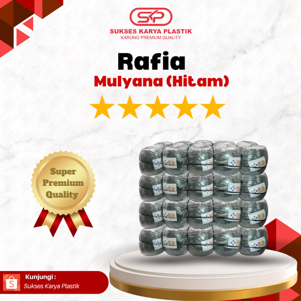 

Mulyana TALI RAFIA MULYANA HITAM 1 Ball 10 Roll TALI PLASTIK RAFIA HITAM Super Premium Quality untuk Mengikat Barang Warna Hitam Berat ±7kg/ball 1 Ball isi 10 Roll