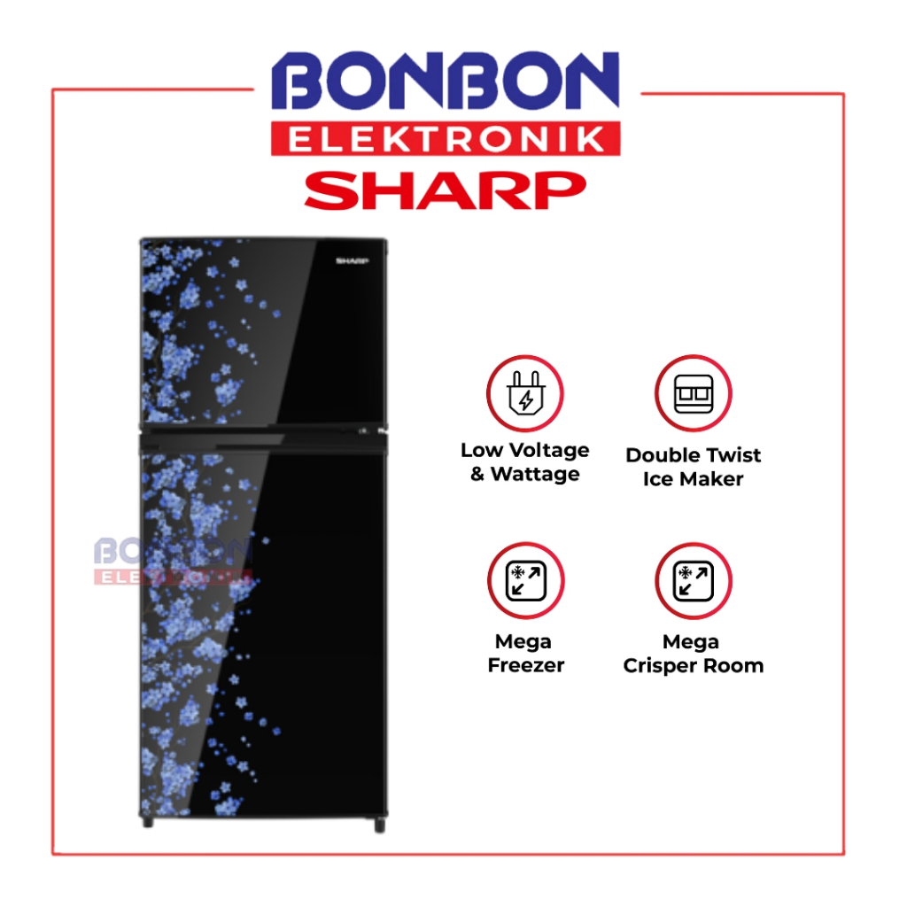 Sharp Kulkas 2 Pintu 172L SJ-195MD-SB / SJ195MDSB / SJ 195MD (Sakura Blue) SHINE Magne Glass - Mega 