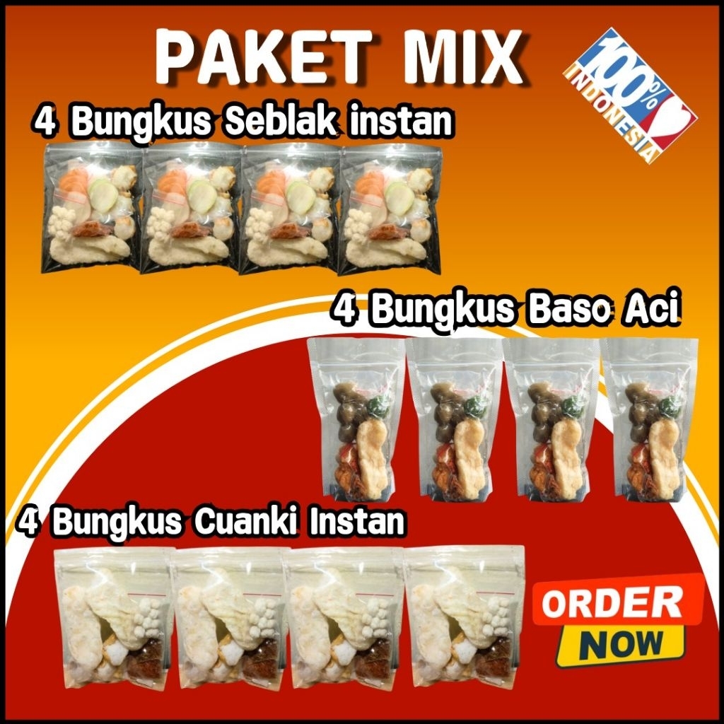 

Paket mix 12 bungkus , 4 baso Aci 4 seblak instan 4 cuanki instan