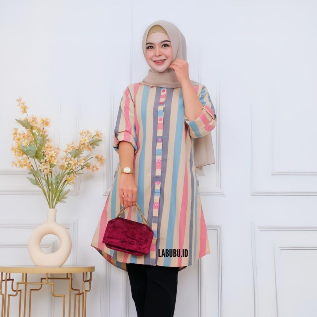 Terbaru Blus Garis-Garis Wanita/Tunik Salur Kekinian/Tunik Garis Terbaru/Tunik Pakaian Untuk Kerja