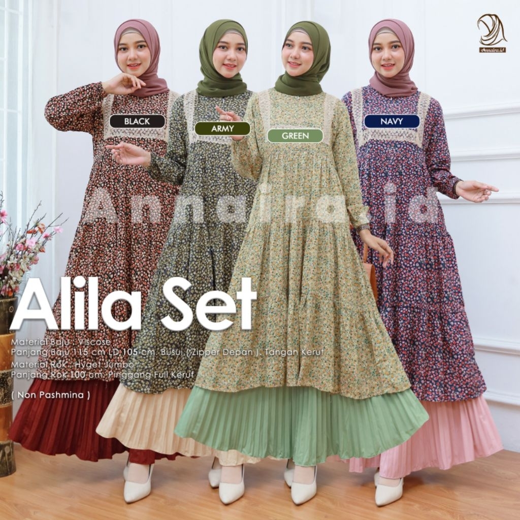 ALILA SET #1, #2 & #3 - SETELAN TUNIK VISCOSE MOTIF BUNGA KECIL DENGAN ROK HYGET JUMBO POLOS BY ANNA