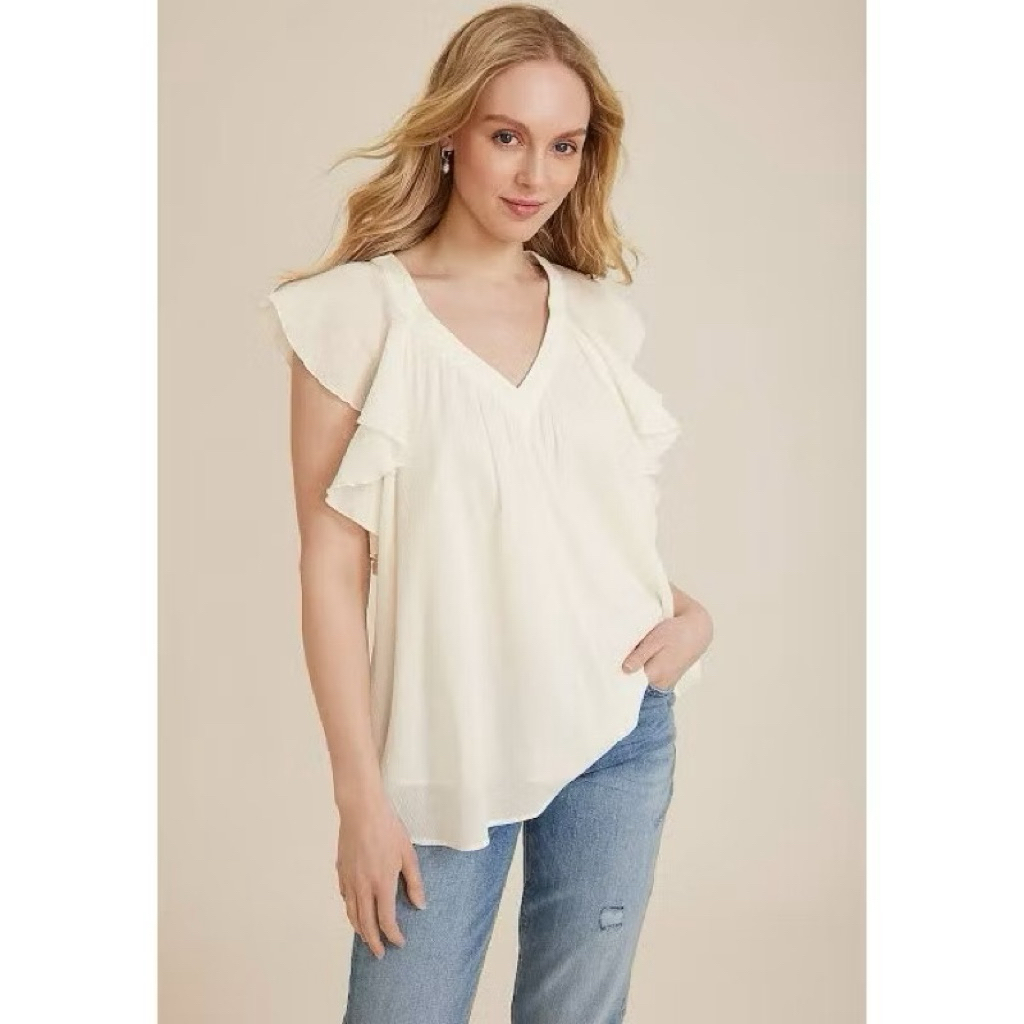Atasan Wanita Blouse Top Cotton Ruffle Flutter Sleeve V Neck Maurices