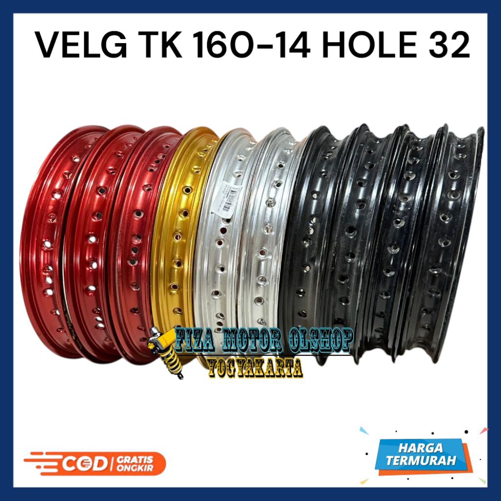 Velg Veleg Pelek Pelk TK WM 160-14 160 14 160 Ring 14 Hole 32 Red Merah Gold Emas Silver Chrome Hita